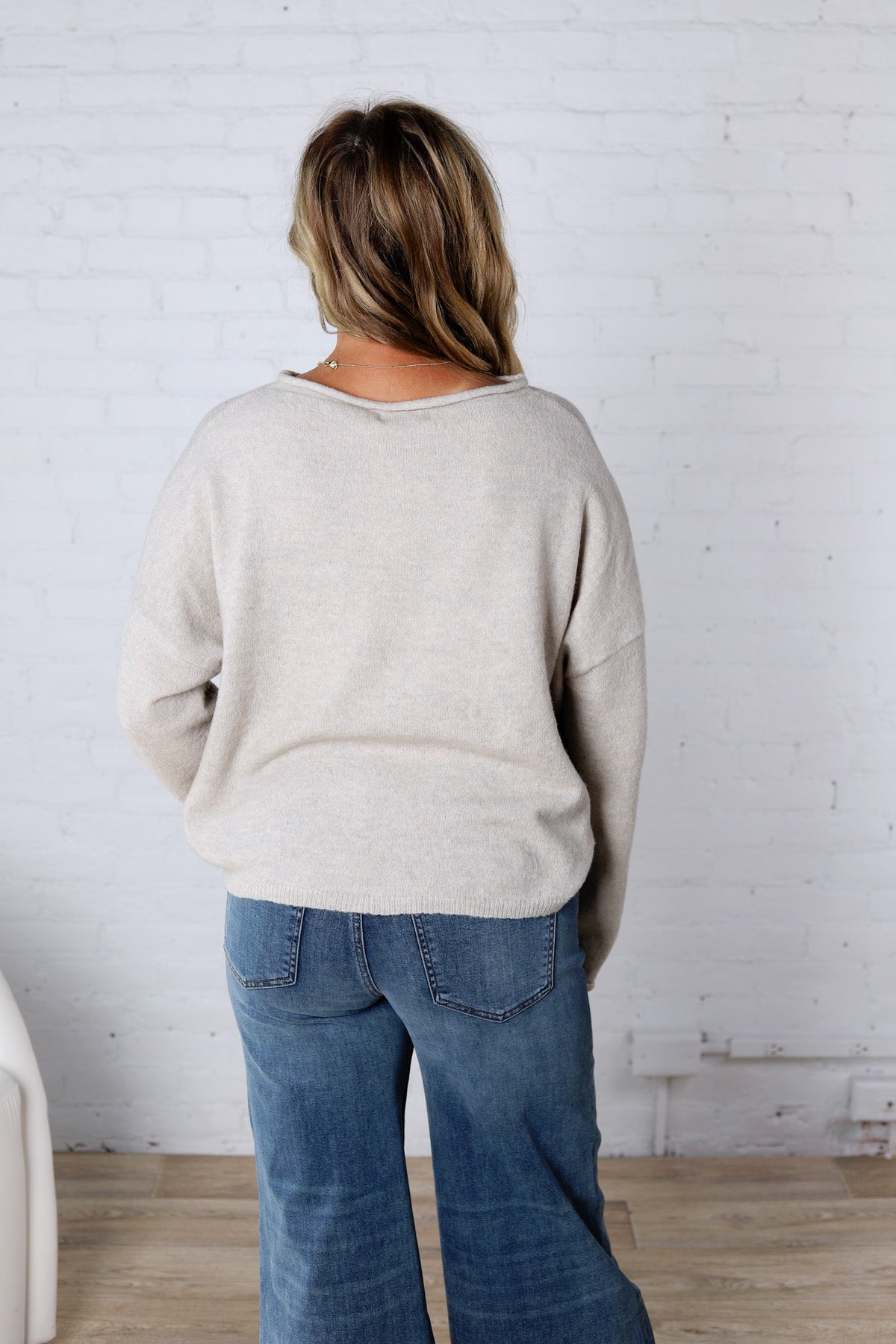 Luna Rolled Round Neck Knit Sweater - Heather Grey