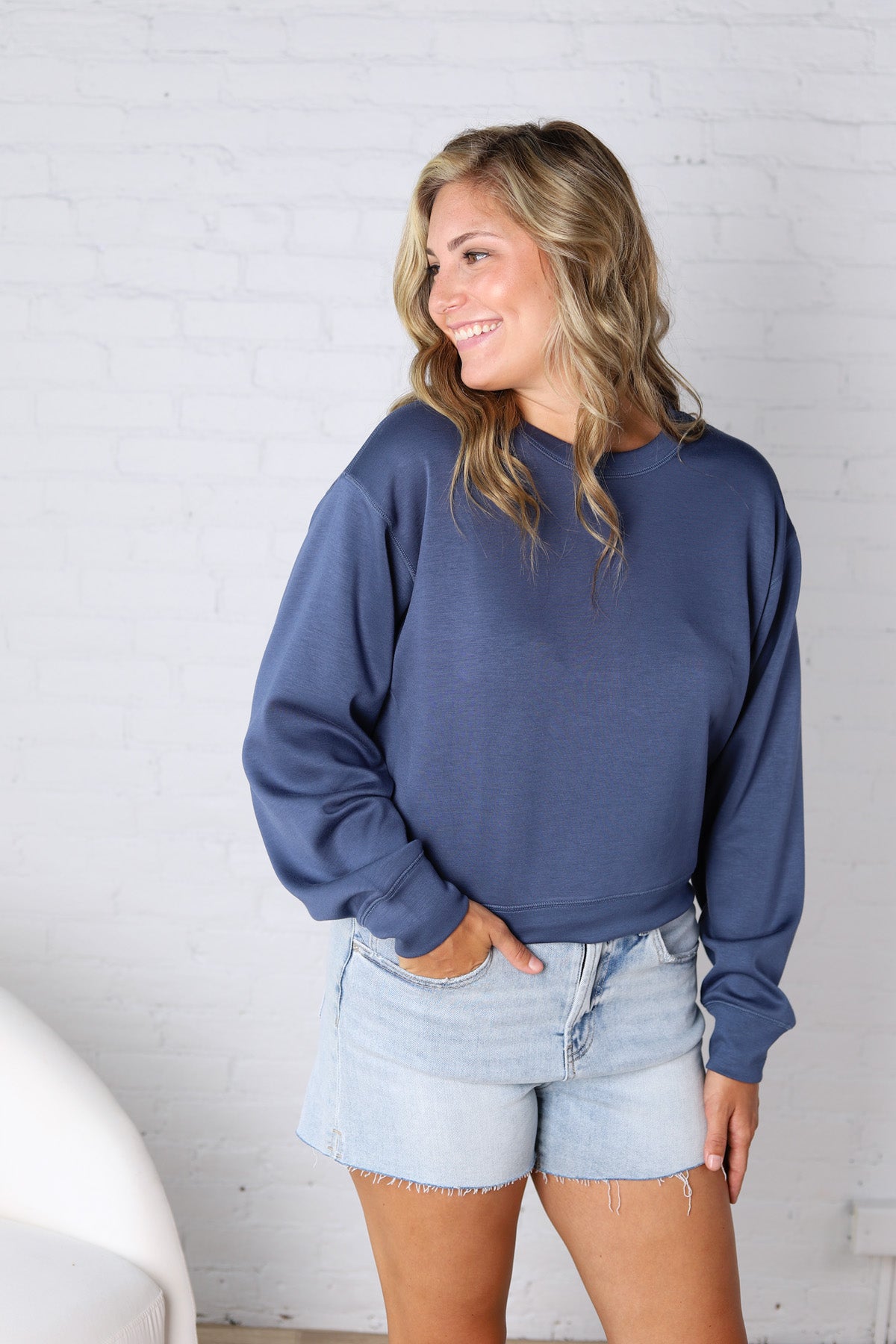 Millie Scuba Crew Neck Sweatshirt - Dusty Navy