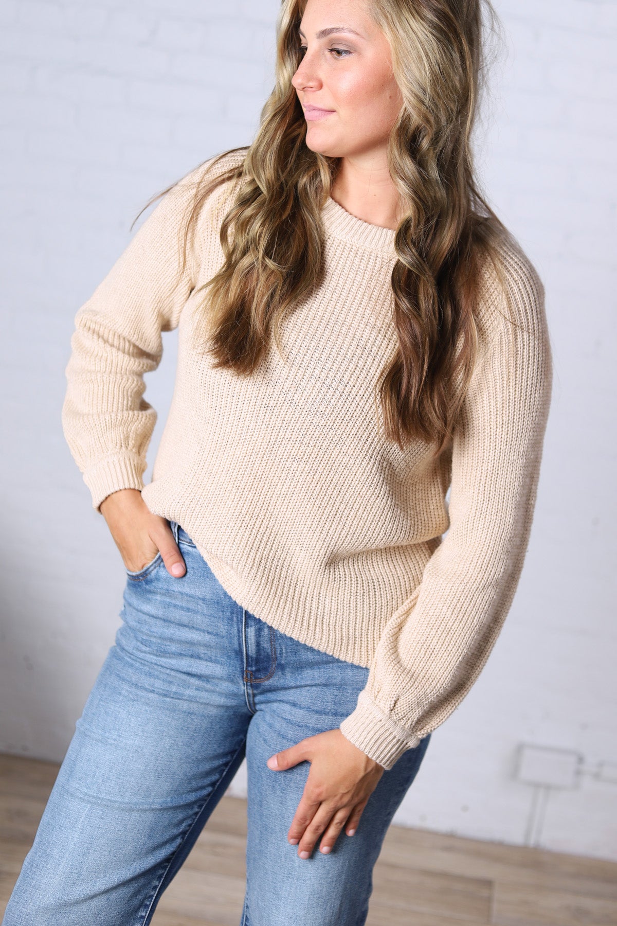 Mirabel Chunky Knit Sweater Top with Balloon Sleeves - Natural