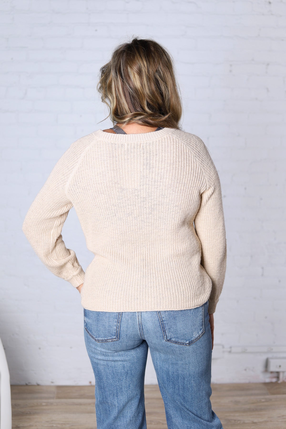 Mirabel Chunky Knit Sweater Top with Balloon Sleeves - Natural