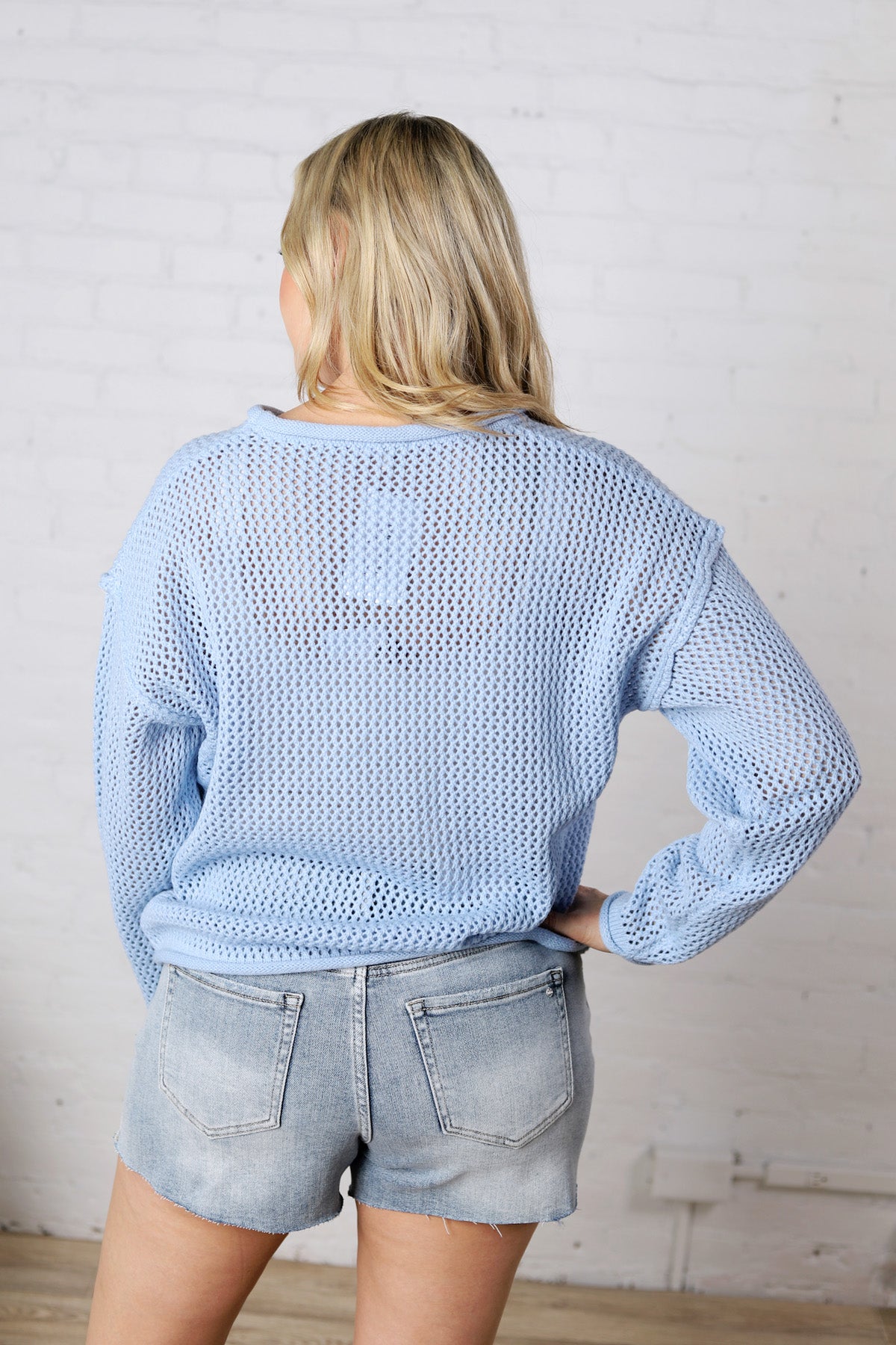 Noemie American Flag Crochet Knit Top - Powder Blue