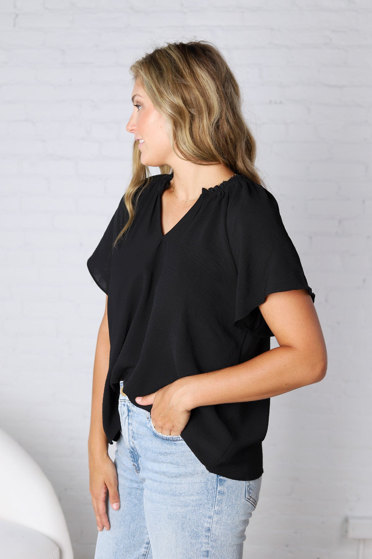 Nyelle V-Neck Blouse Top - Black