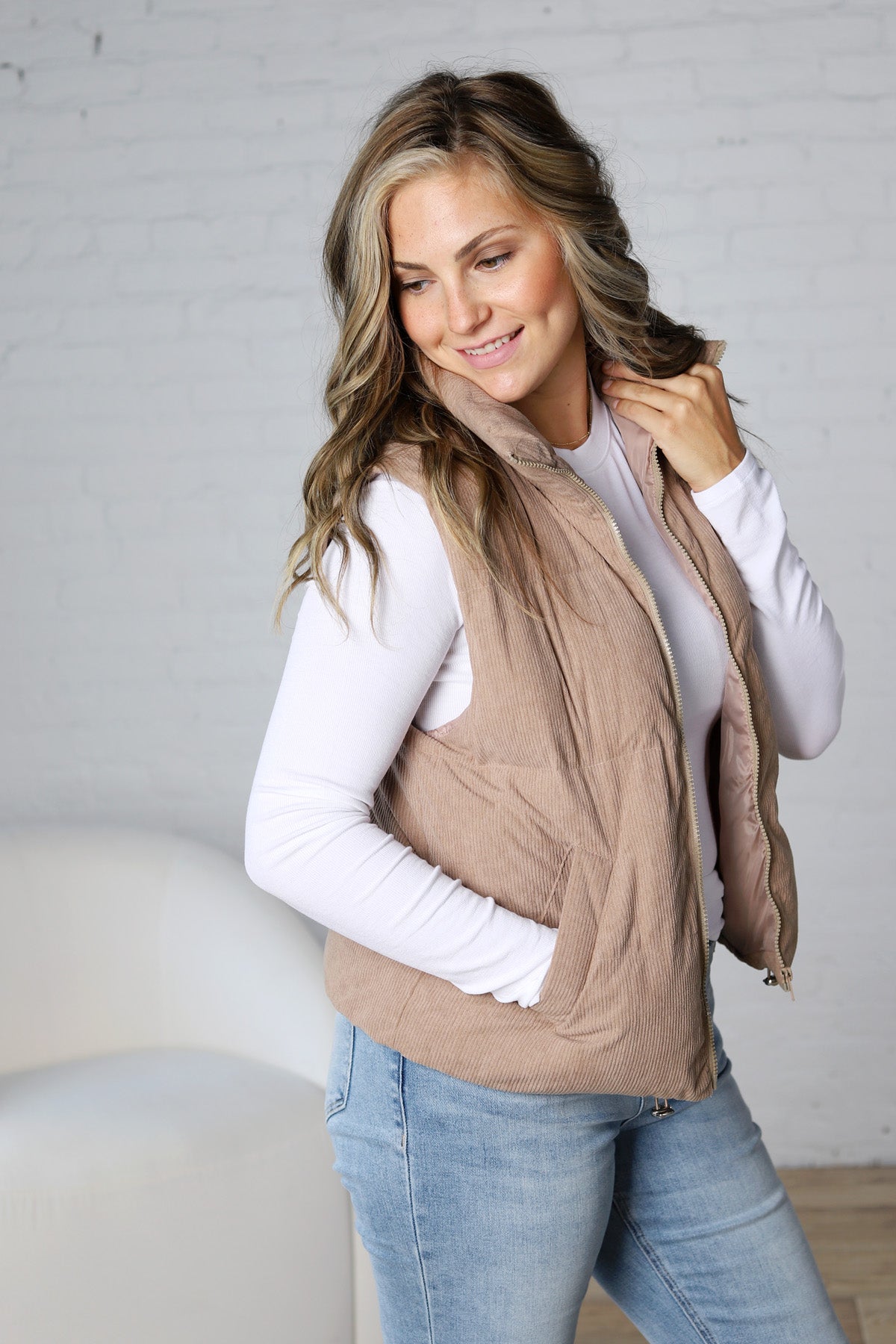 Piper Corduroy Puffer Vest - Mushroom