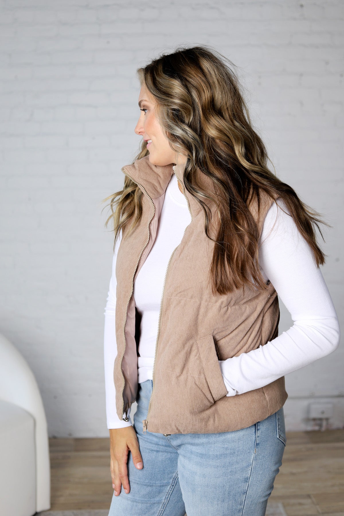 Piper Corduroy Puffer Vest - Mushroom