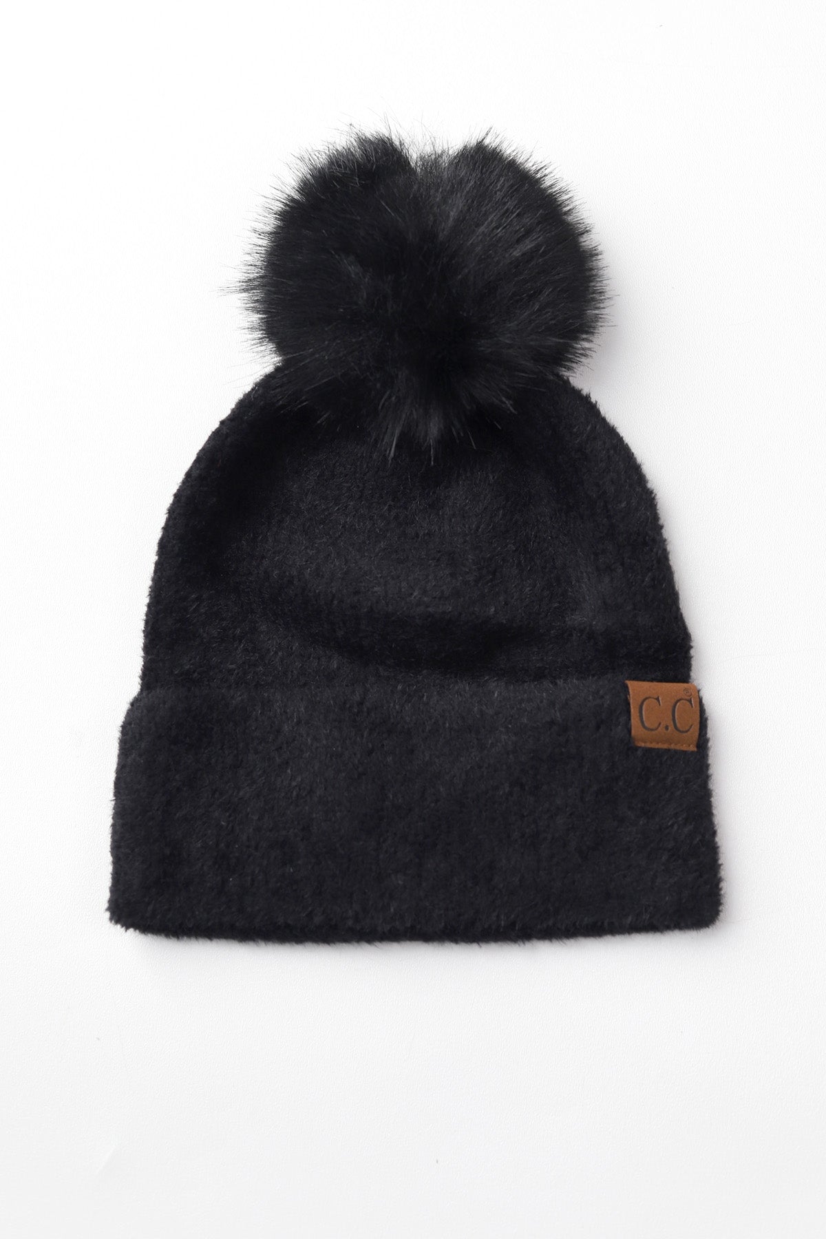 Plush Chenille Pom Beanie - Black