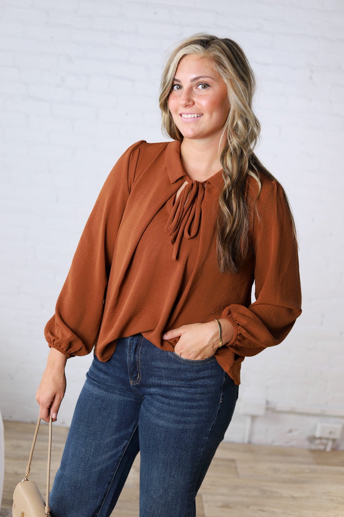 Raine Collar Front Tie Pleated Blouse - Brown