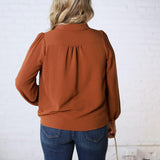 Raine Collar Front Tie Pleated Blouse - Brown