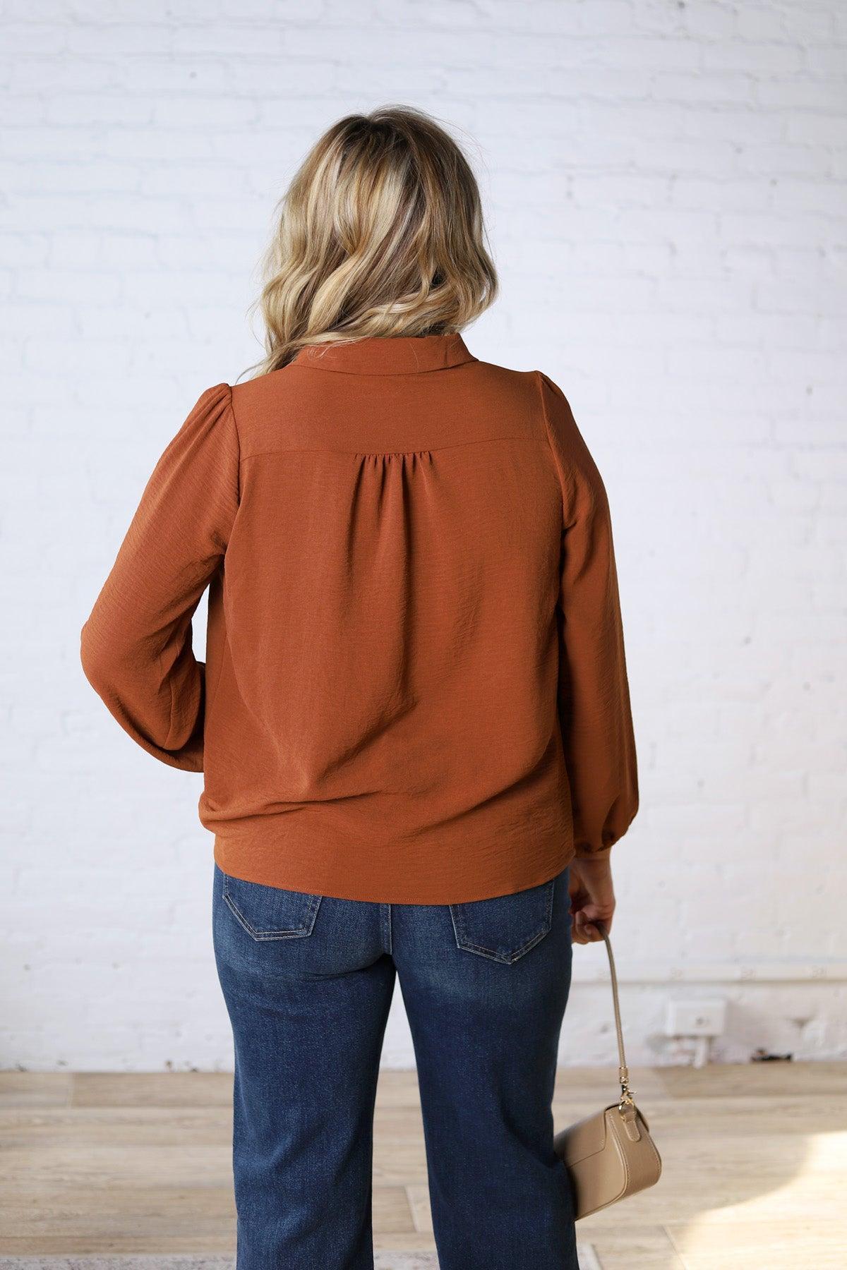 Raine Collar Front Tie Pleated Blouse - Brown