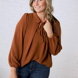 Raine Collar Front Tie Pleated Blouse - Brown