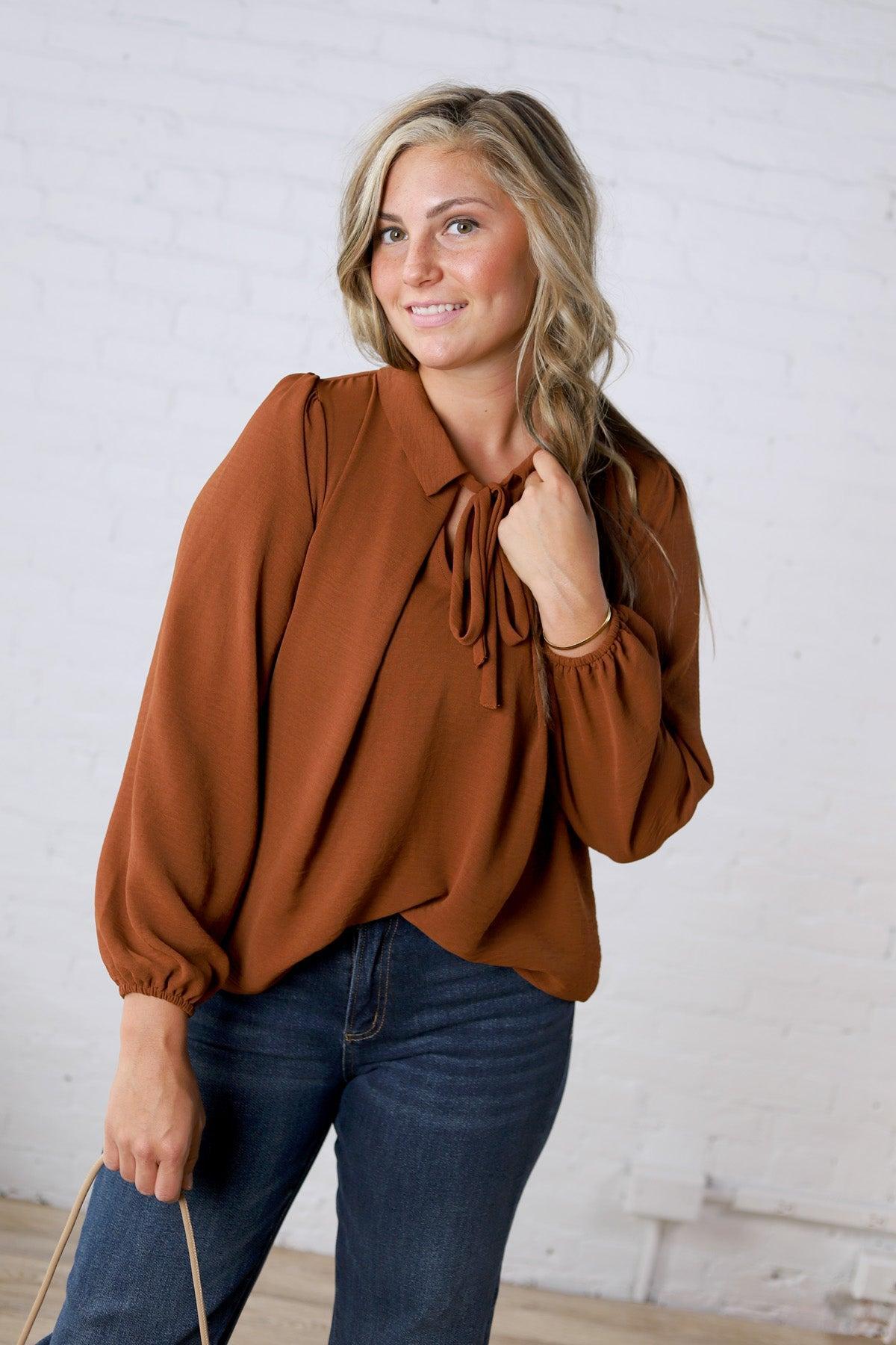 Raine Collar Front Tie Pleated Blouse - Brown
