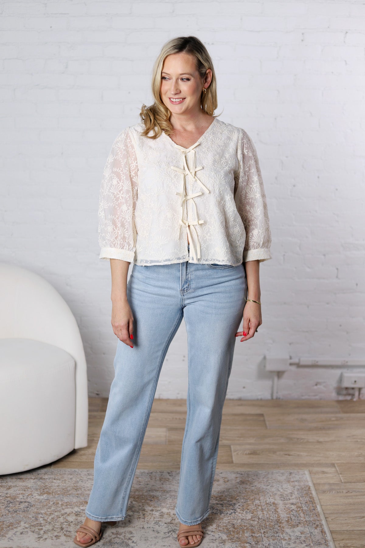 Rhosyn Lace 3/4 Sleeve Top - Natural
