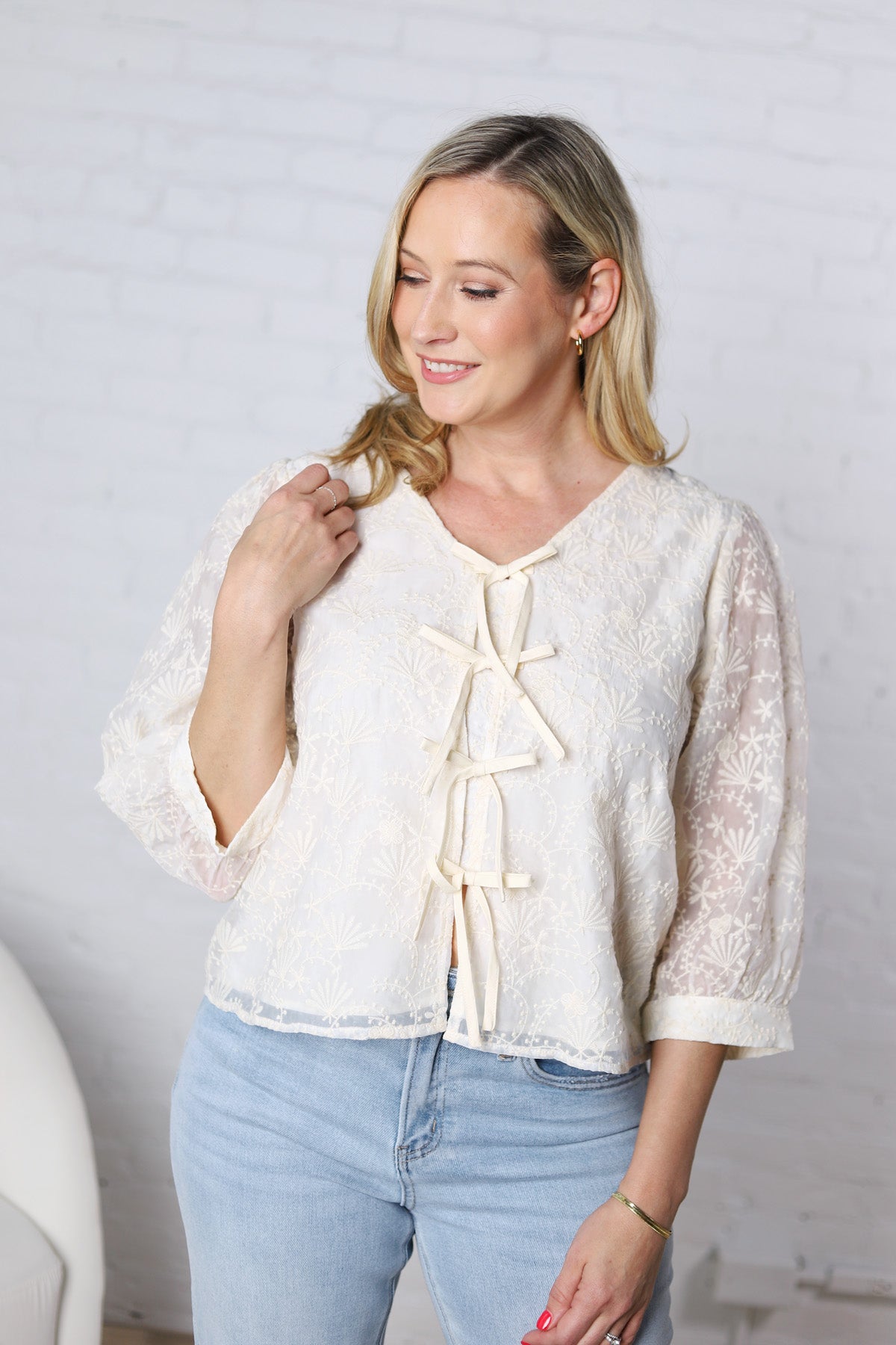 Rhosyn Lace 3/4 Sleeve Top - Natural