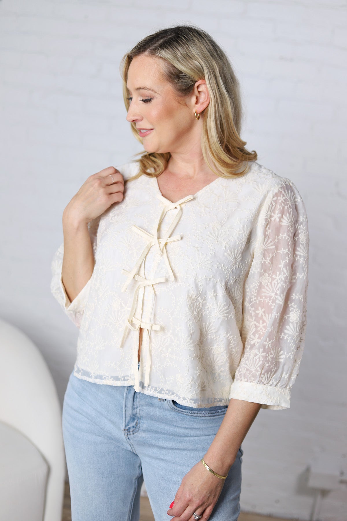 Rhosyn Lace 3/4 Sleeve Top - Natural