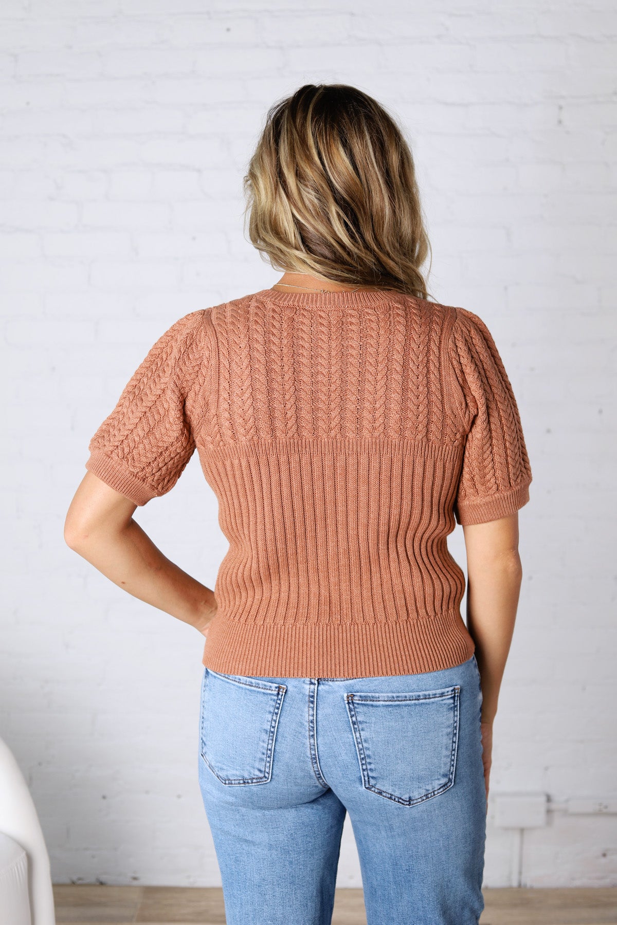 Rosalind Puff Sleeve Cable Sweater - Brick