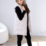 Roswen Hooded Zipper Longline Puffer Vest - Beige