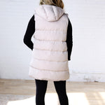 Roswen Hooded Zipper Longline Puffer Vest - Beige