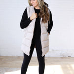 Roswen Hooded Zipper Longline Puffer Vest - Beige
