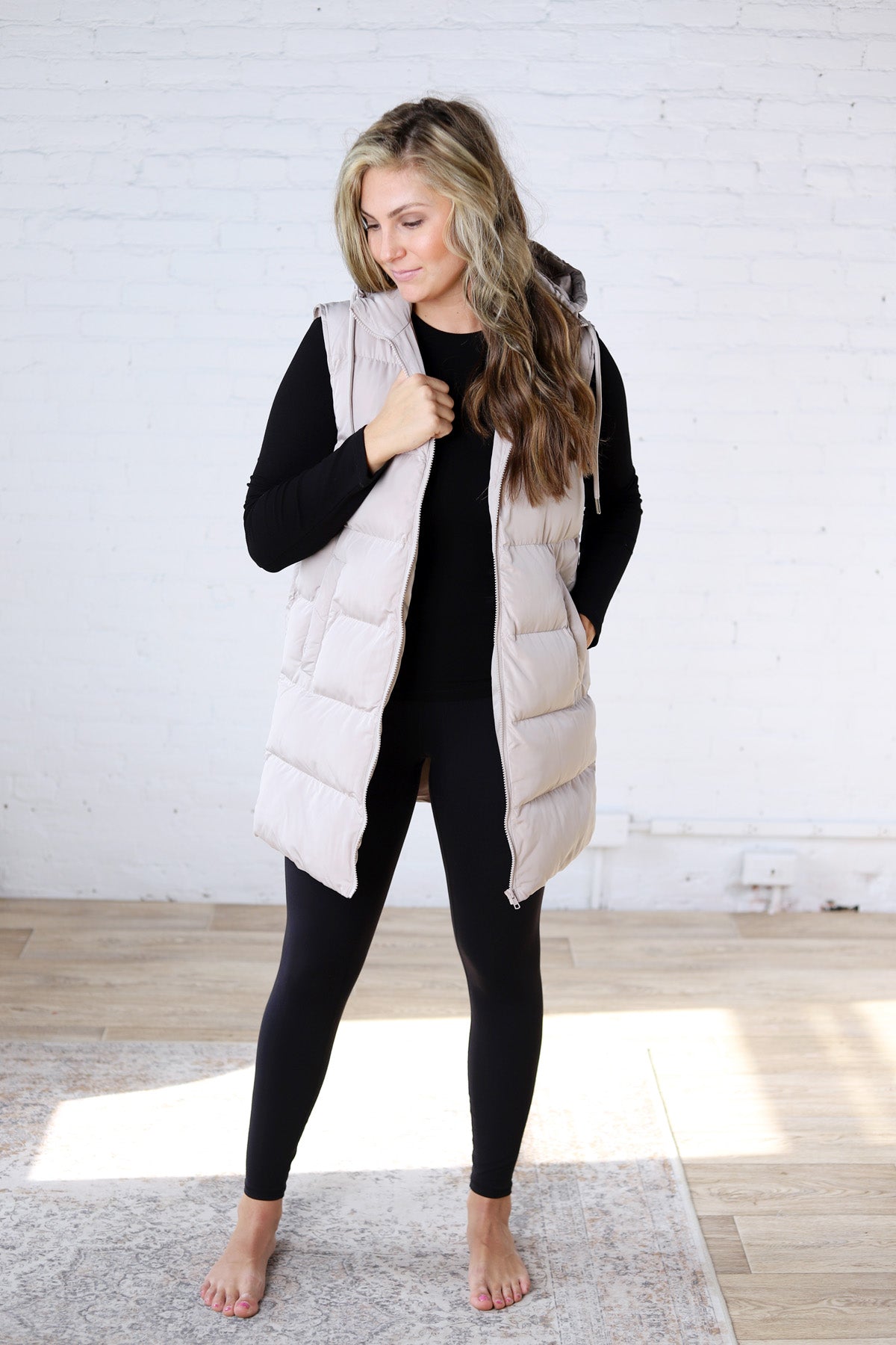 Roswen Hooded Zipper Longline Puffer Vest - Beige