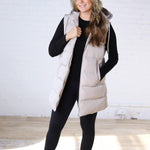 Roswen Hooded Zipper Longline Puffer Vest - Beige