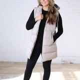 Roswen Hooded Zipper Longline Puffer Vest - Beige