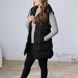 Roswen Hooded Zipper Longline Puffer Vest - Black