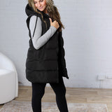 Roswen Hooded Zipper Longline Puffer Vest - Black