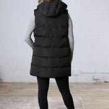 Roswen Hooded Zipper Longline Puffer Vest - Black