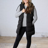 Roswen Hooded Zipper Longline Puffer Vest - Black