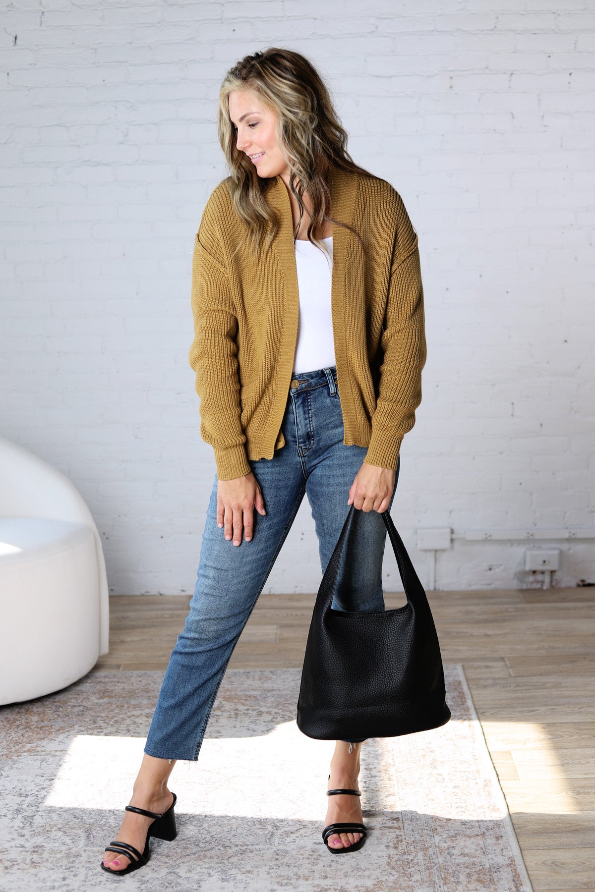 Sable Chunky Ribbed Knit Raw Seam Cardigan - Goldrod