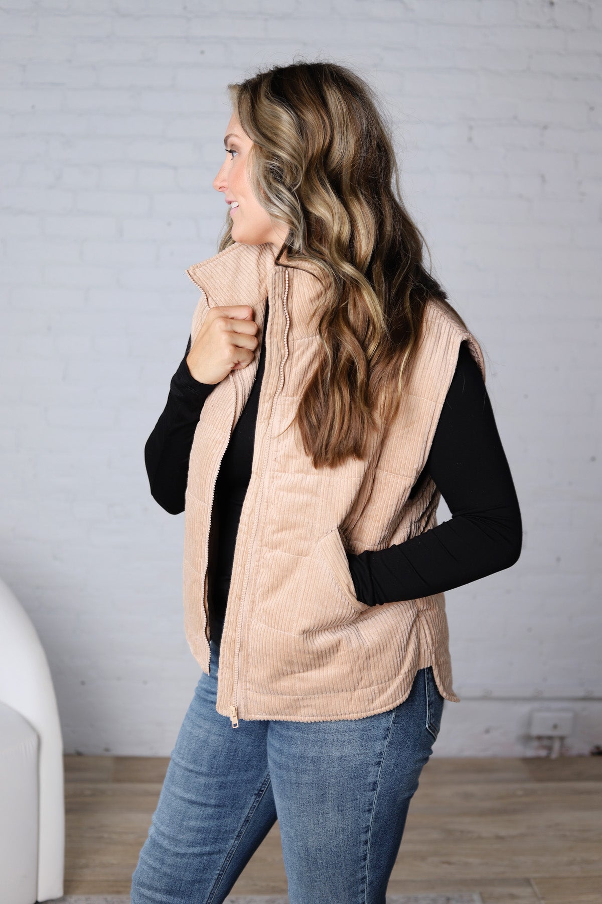 Saylor Quilted Corduroy Puffer Vest - Latte