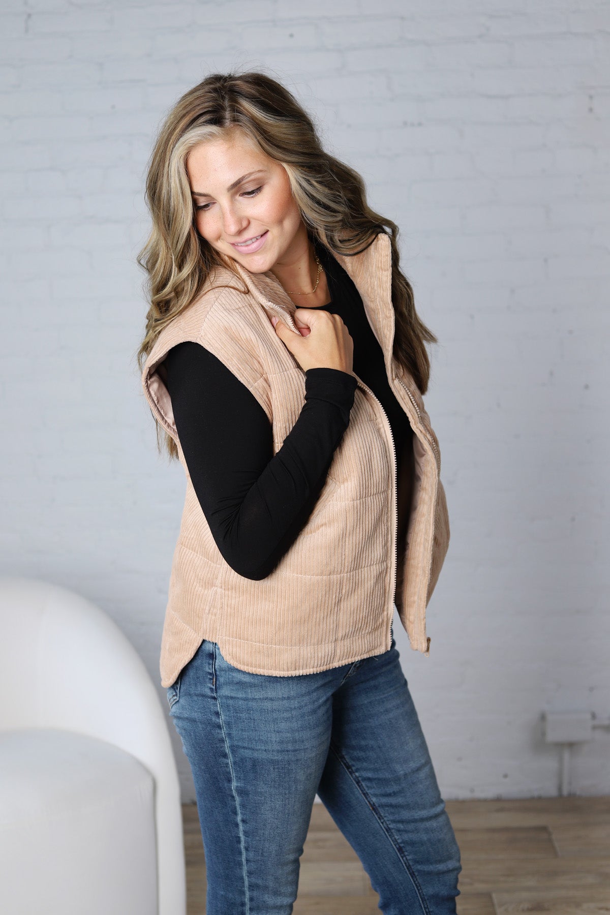 Saylor Quilted Corduroy Puffer Vest - Latte