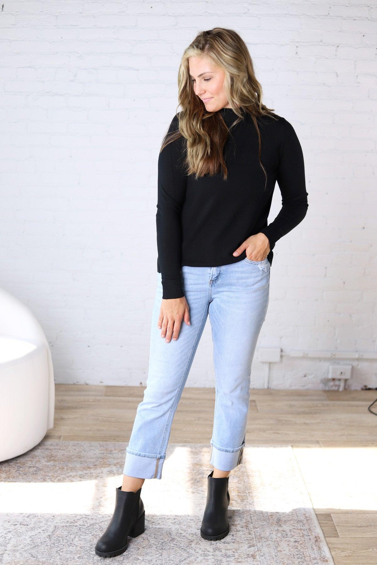 Selyn Ribbed Trim Mock Neck Top - Black