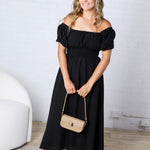 Taisley Smocked Waist Balloon Sleeve Midi Dress - Black
