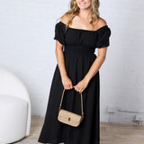 Taisley Smocked Waist Balloon Sleeve Midi Dress - Black