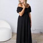 Taisley Smocked Waist Balloon Sleeve Midi Dress - Black