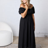 Taisley Smocked Waist Balloon Sleeve Midi Dress - Black