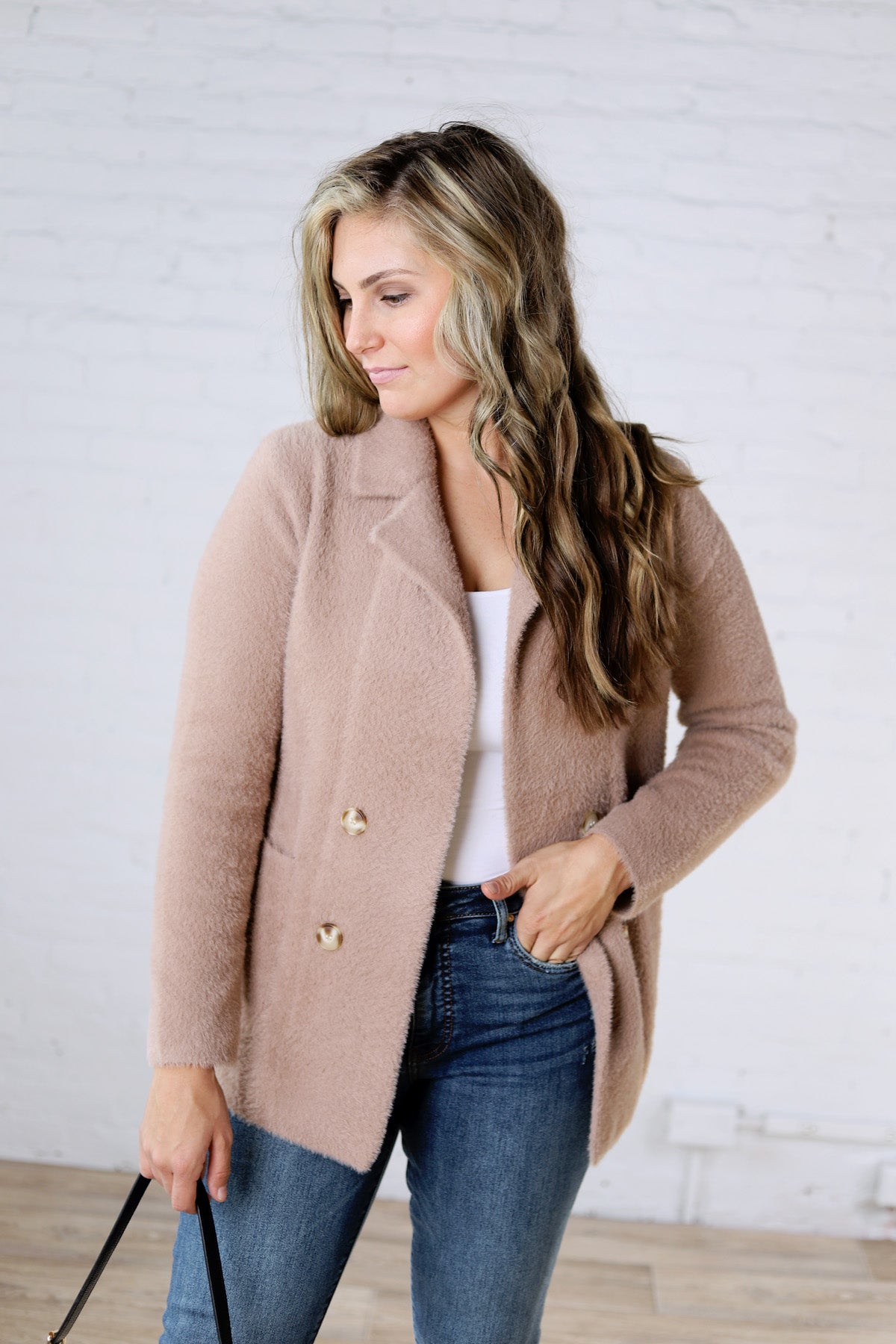 Thalia Fuzzy Double Buttons Coatigan - Mocha