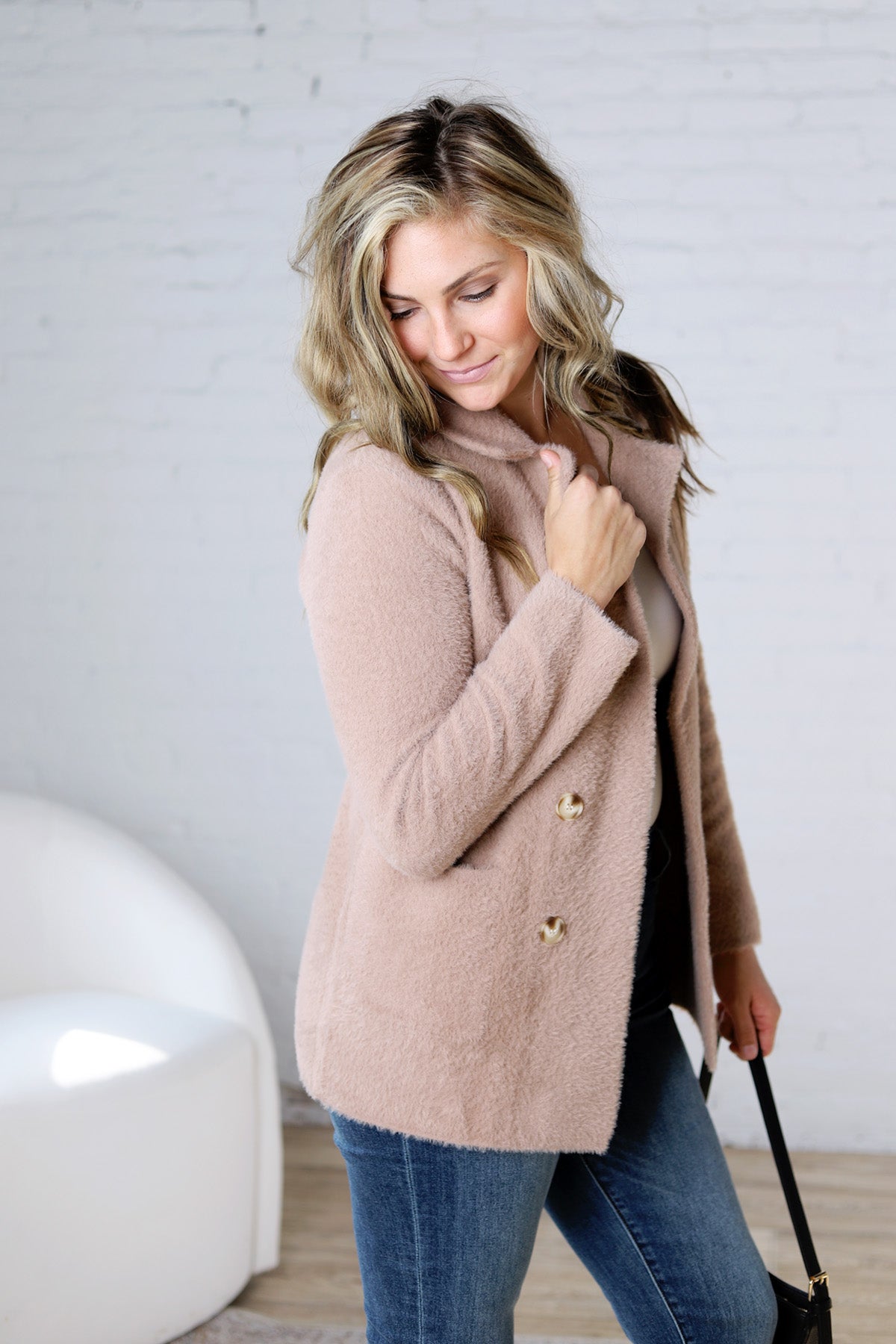 Thalia Fuzzy Double Buttons Coatigan - Mocha