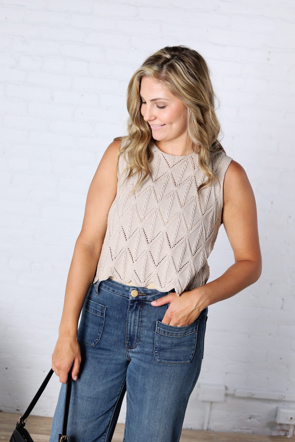 Tristyn Knit Top with Scallop Hem - Beige