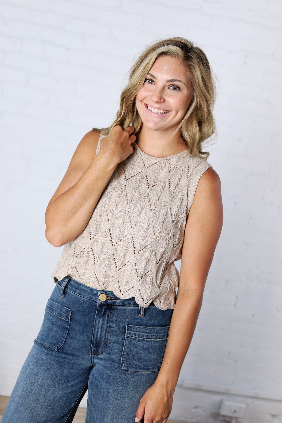 Tristyn Knit Top with Scallop Hem - Beige