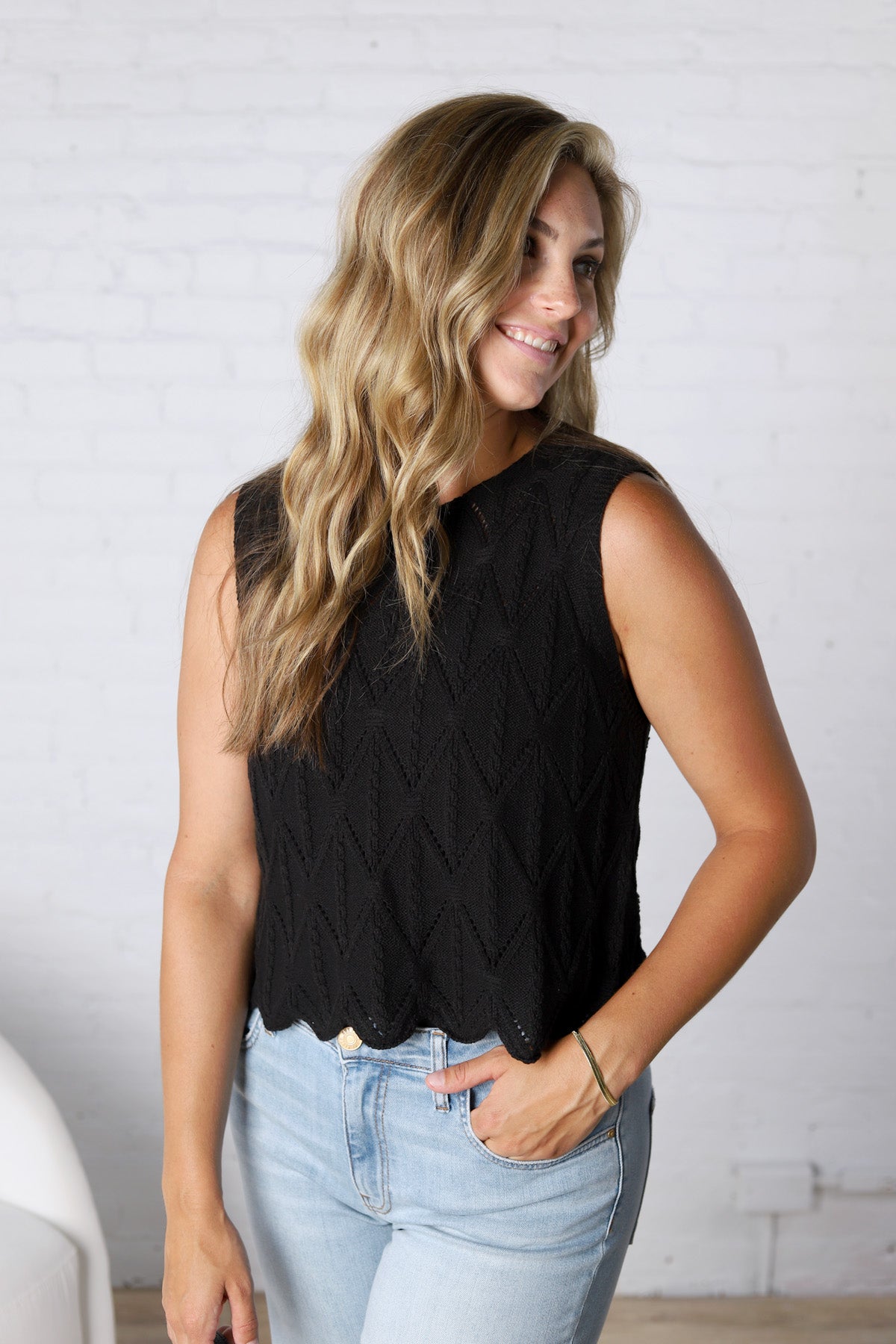 Tristyn Knit Top with Scallop Hem - Black