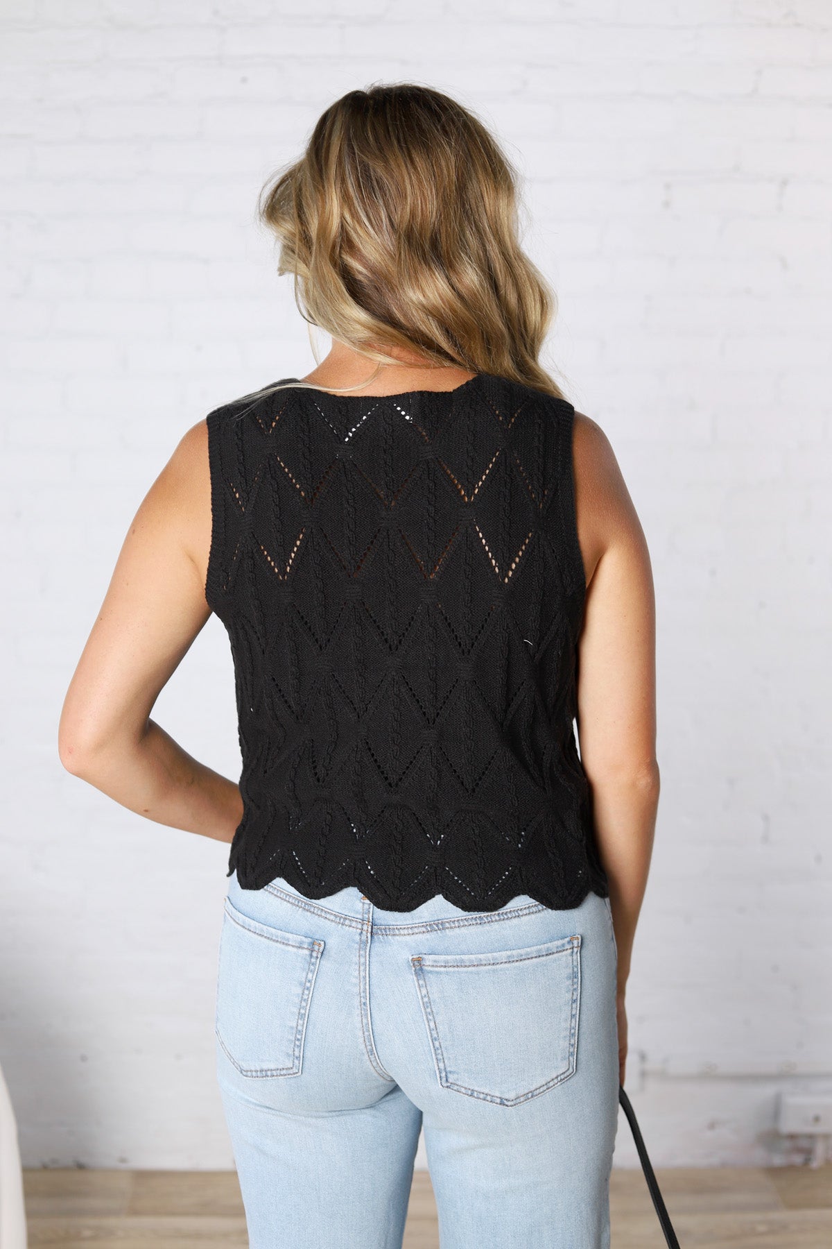 Tristyn Knit Top with Scallop Hem - Black