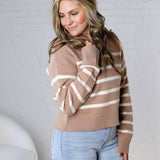 Yara Striped Half Zip Sweater - Dark Taupe/Cream