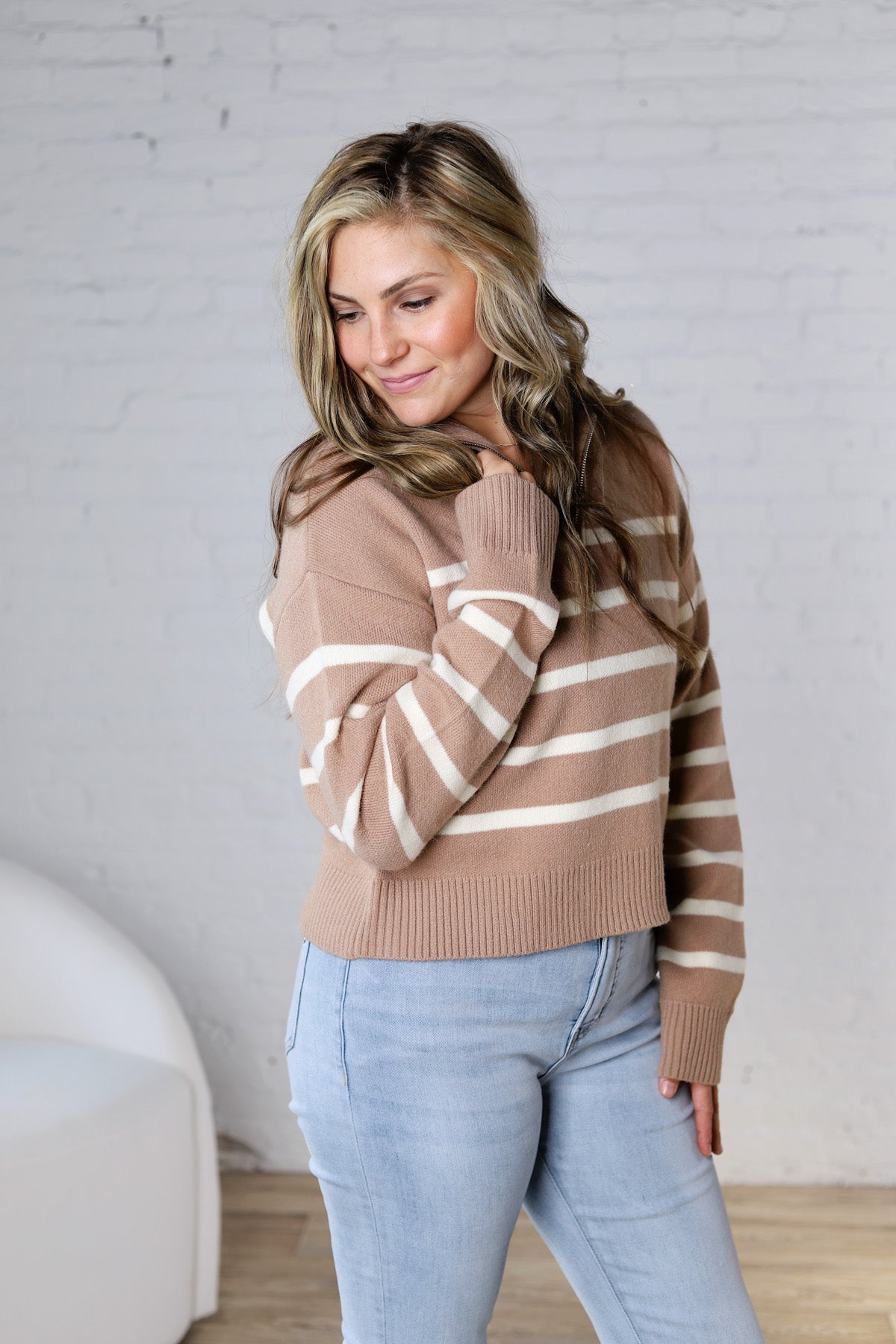 Yara Striped Half Zip Sweater - Dark Taupe/Cream