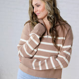 Yara Striped Half Zip Sweater - Dark Taupe/Cream