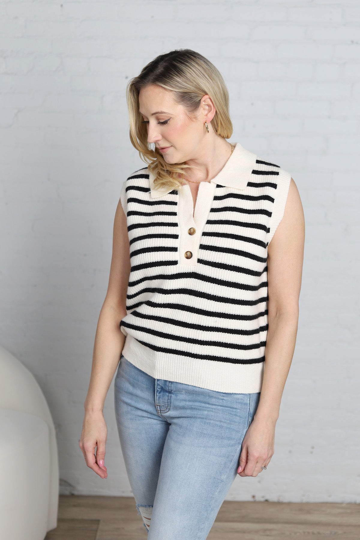 Abrianna Striped Collared Sweater Vest - Ivory/Black