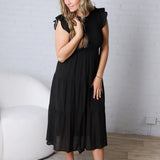 Adara Tired Smocked Short Sleeve Midi Dress - Black