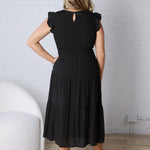 Adara Tired Smocked Short Sleeve Midi Dress - Black