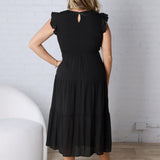 Adara Tired Smocked Short Sleeve Midi Dress - Black