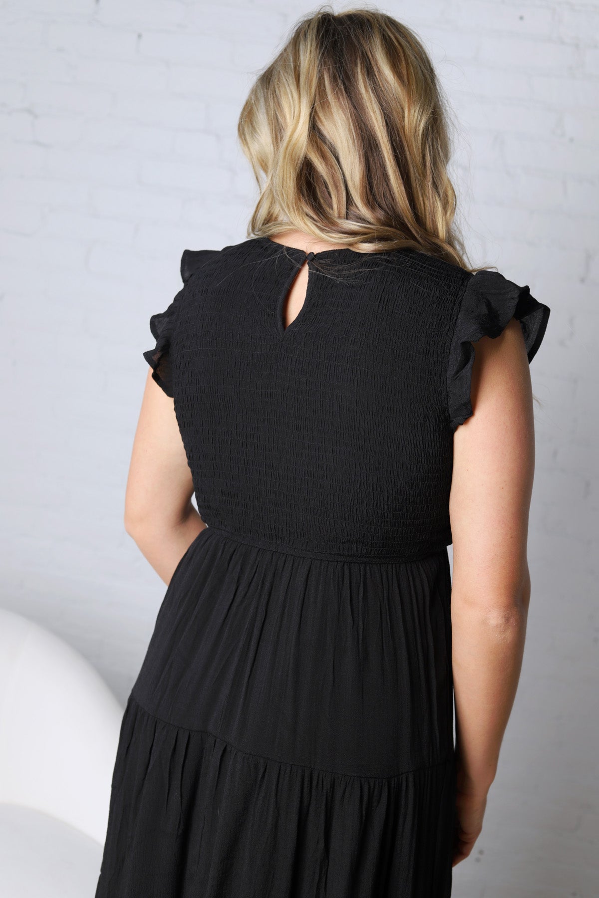 Adara Tired Smocked Short Sleeve Midi Dress - Black